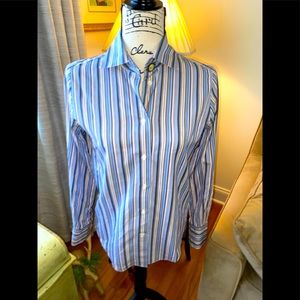 Faconnable Ladies Long Sleeve Cotton Stretch Striped Shirt Blue Size Small